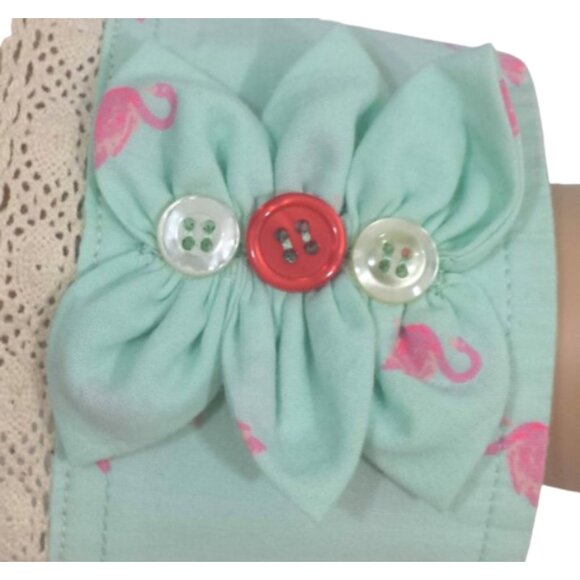 Handcrafted Re-Purposed Mint Green & Pink Flamingo Boho Shirt Cuff Bracelet - Picture 5 of 5